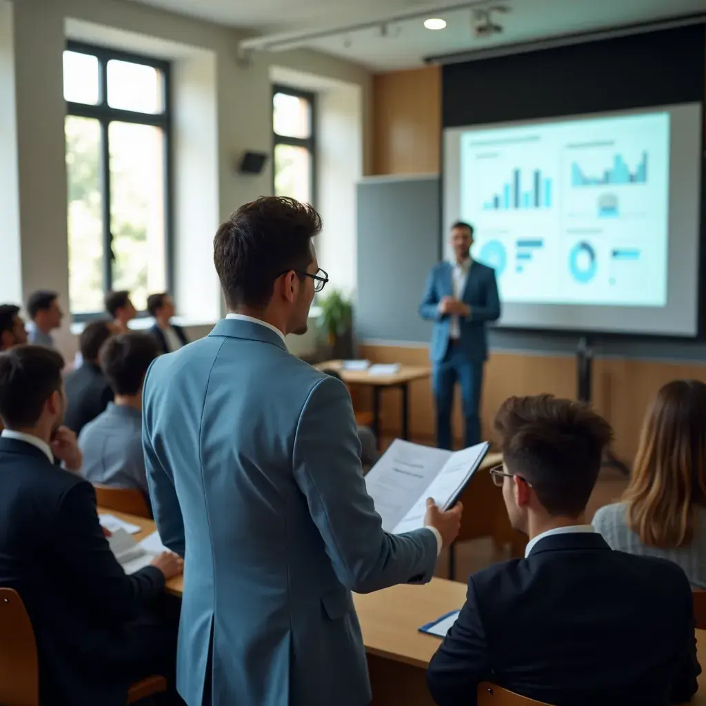 Consulente che presenta un piano strategico a un gruppo di dirigenti durante un workshop.