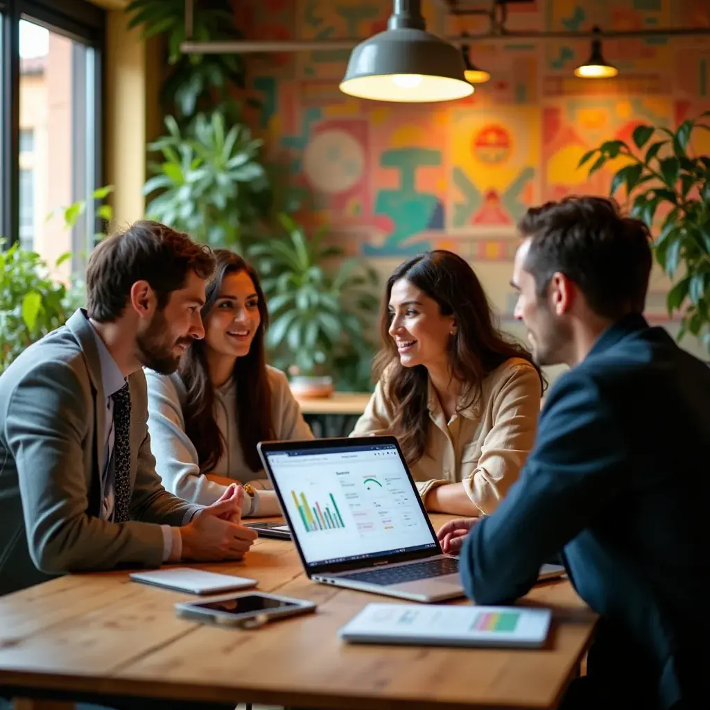 Riunione di lavoro con dirigenti che esaminano presentazioni su un proiettore.