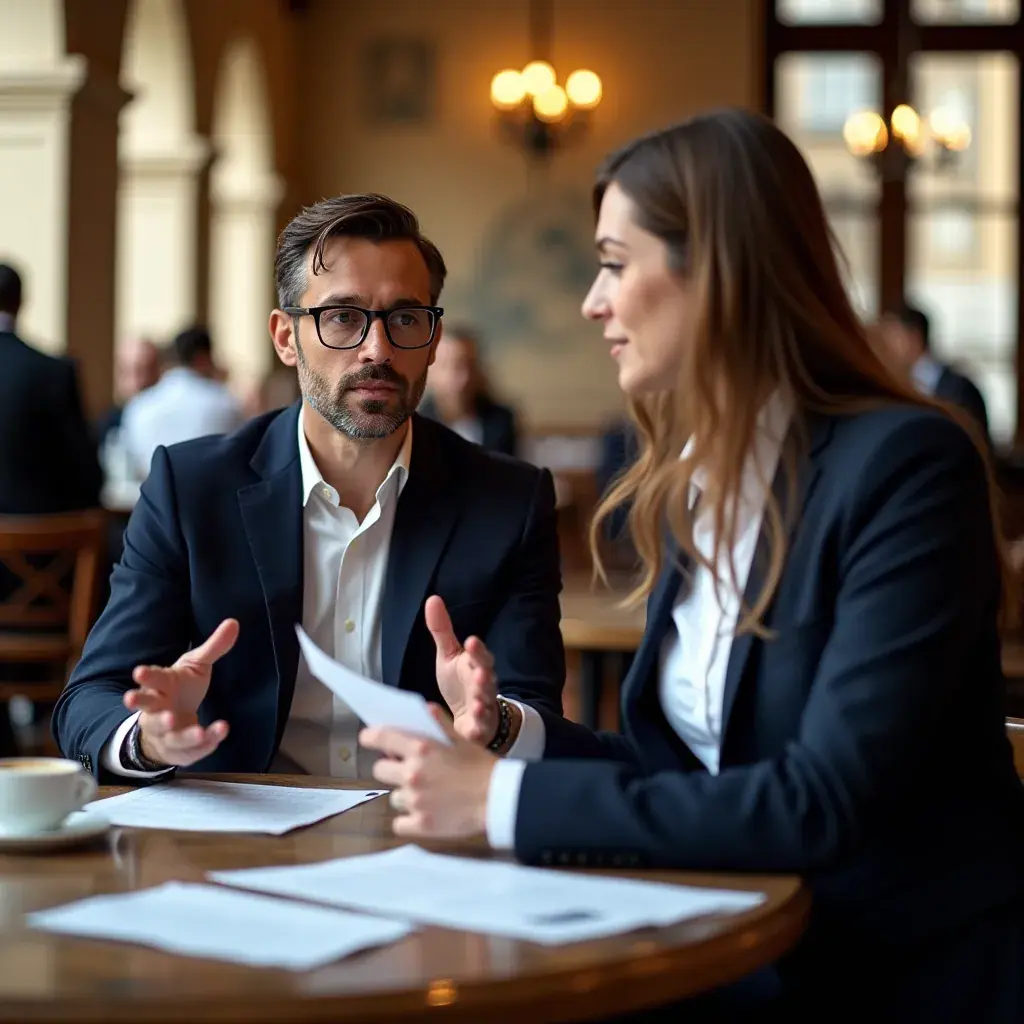 Professionista che utilizza un tablet per mostrare analisi di mercato a un cliente.