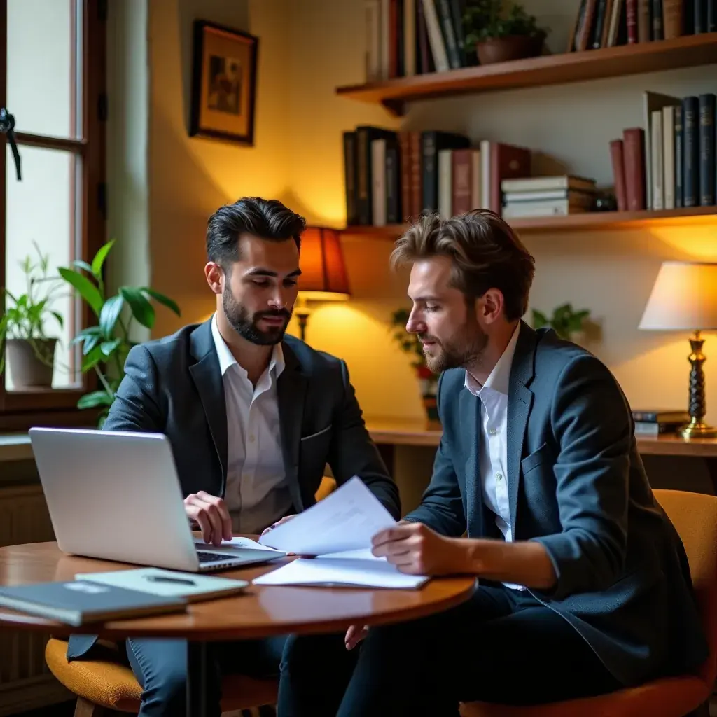 Immagine di un ufficio elegante con un tavolo da conferenza e sedie moderne.